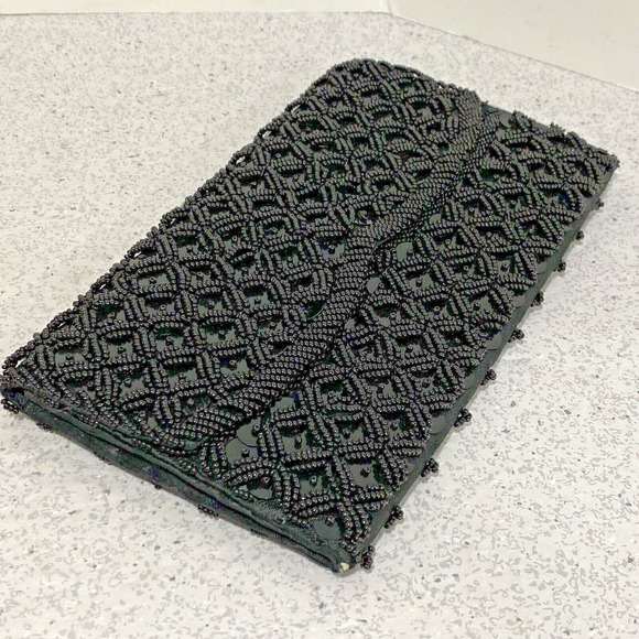 Vintage Mid Century Black Satin Sequins & Beaded Dressy Purse Made in Hong Kong - Picture 2 of 8